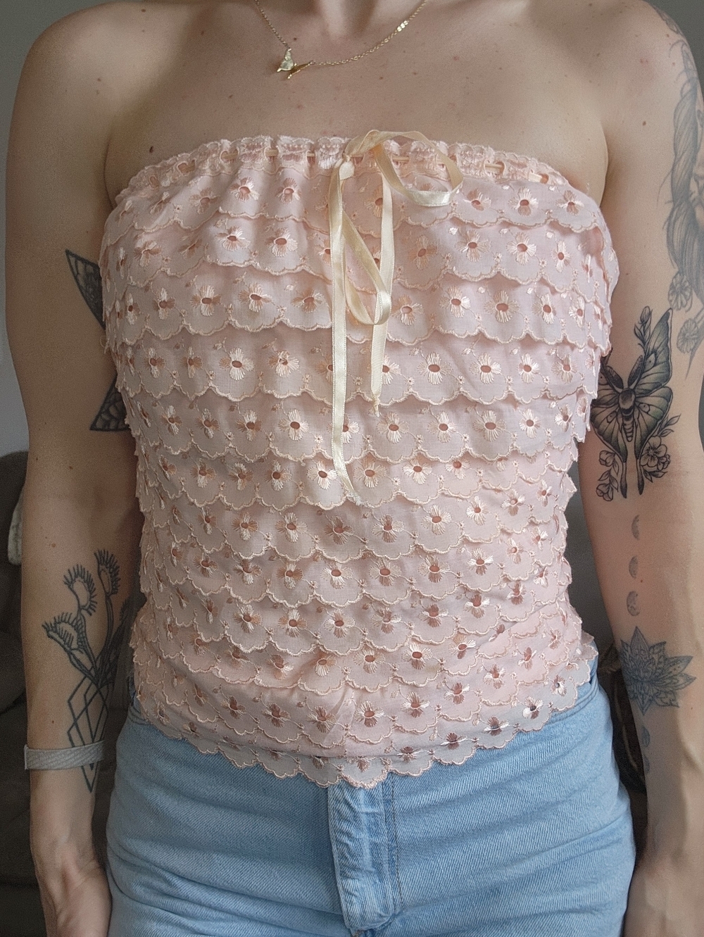 Vintage Peach Floral Embroidered Strapless Top One Size